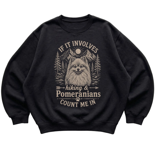 Black Hiking and Pomeranians sweatshirt laid flat