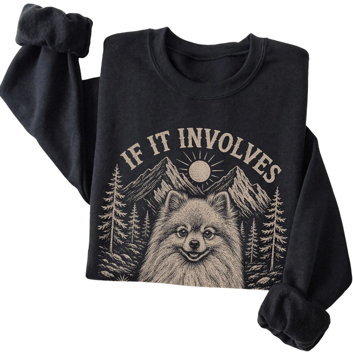 Black Hiking and Pomeranians sweatshirt folded to show the printed design