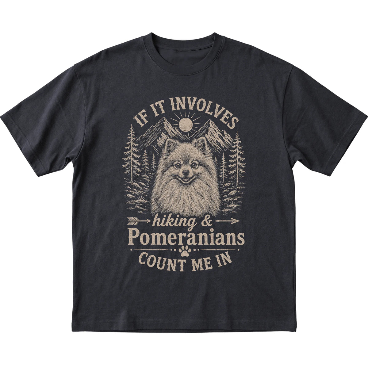 Black Hiking and Pomeranians T-shirt laid flat