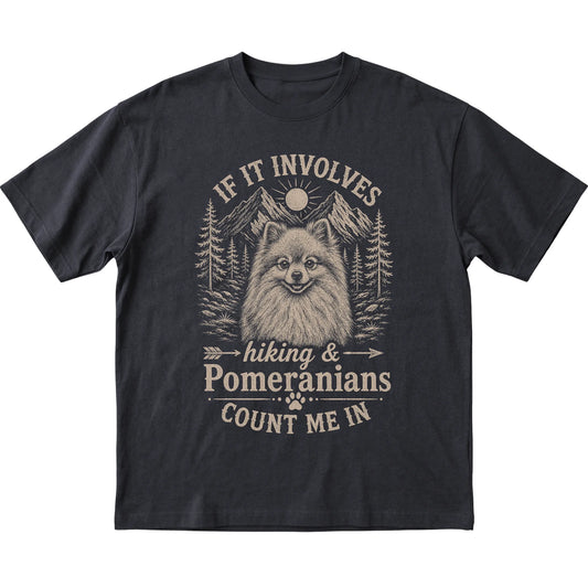 Black Hiking and Pomeranians T-shirt laid flat