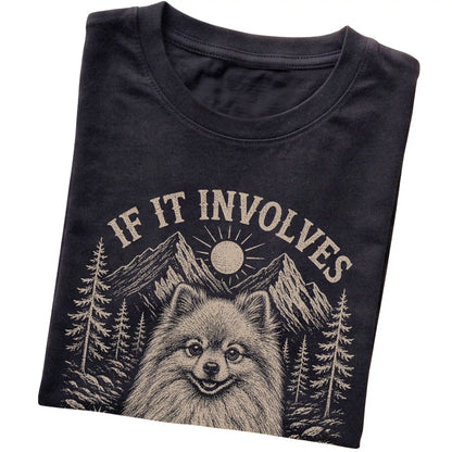 Black Hiking and Pomeranians T-shirt folded to show the printed design