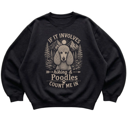 Black Hiking and Poodles sweatshirt laid flat