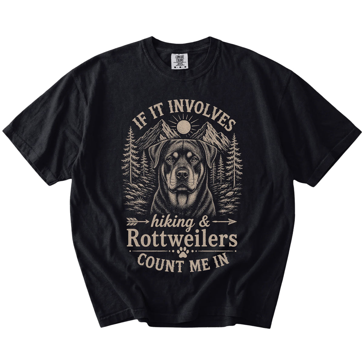 Rottweiler hiking design with mountain scenery on a Black Comfort Colors® T-shirt