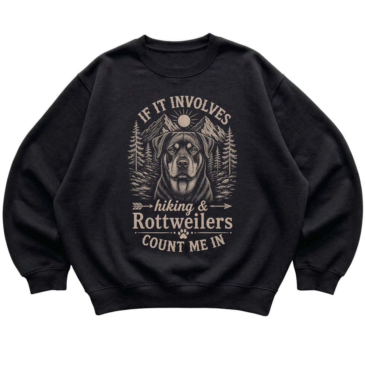Black Hiking and Rottweilers sweatshirt laid flat