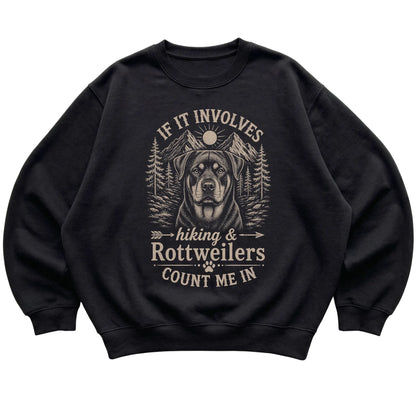 Black Hiking and Rottweilers sweatshirt laid flat