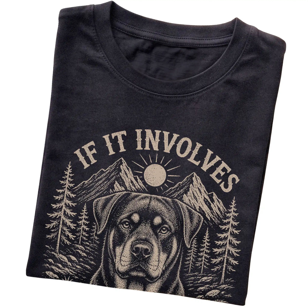 Black Hiking and Rottweilers T-shirt folded to show the printed design