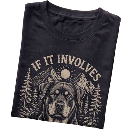 Black Hiking and Rottweilers T-shirt folded to show the printed design