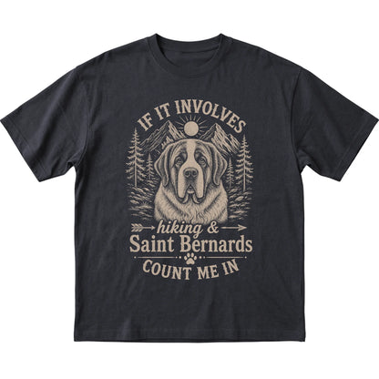 Black Hiking and Saint Bernards T-shirt laid flat