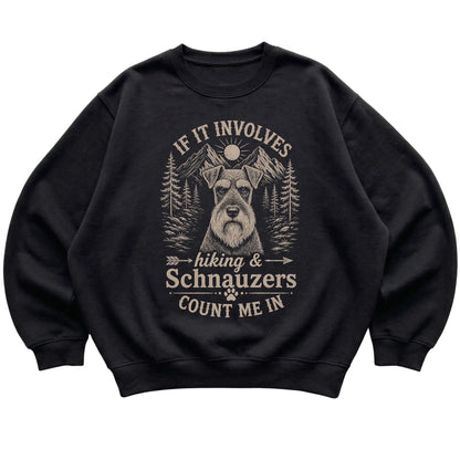 Black Hiking and Schnauzers sweatshirt laid flat