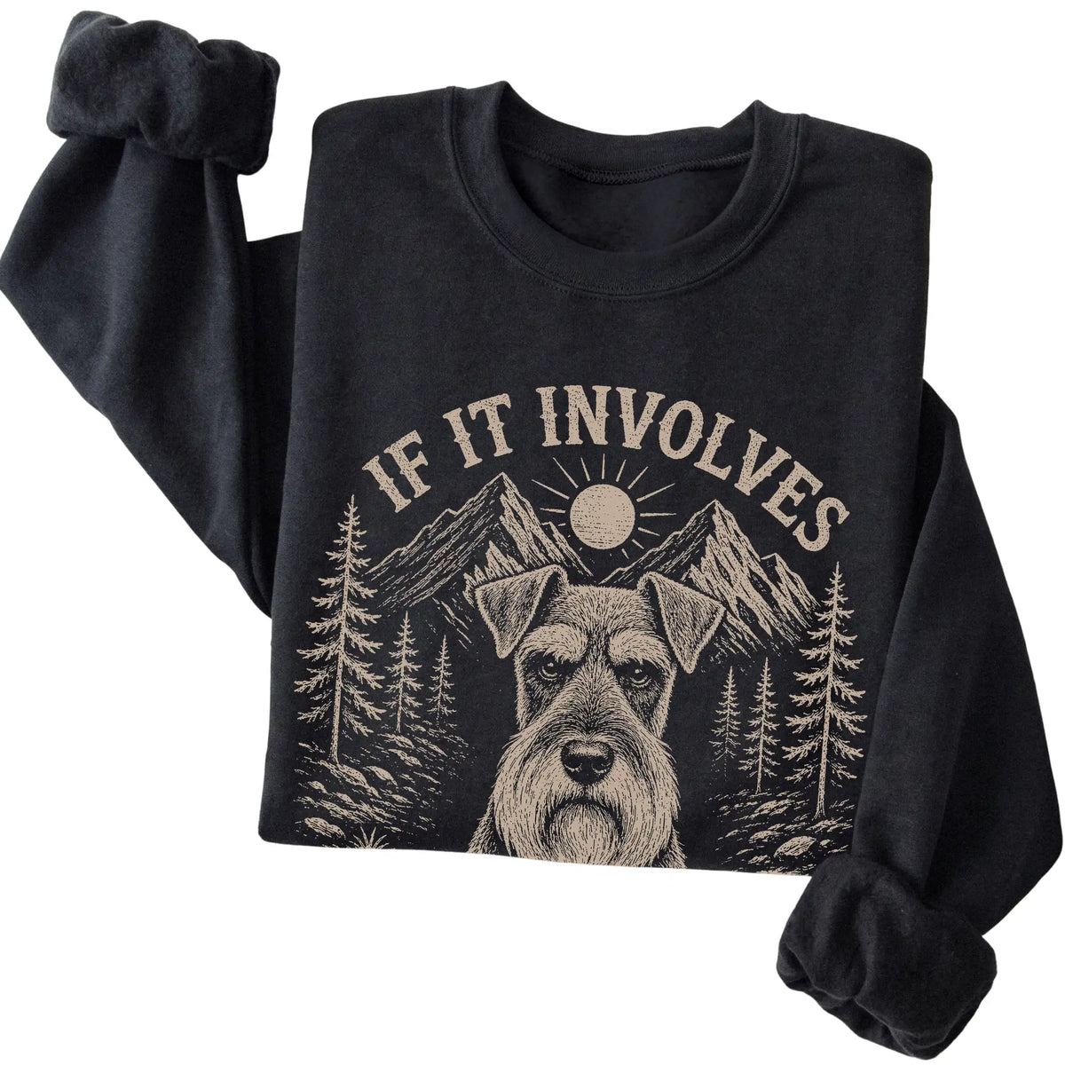 Black Hiking and Schnauzers sweatshirt folded to show the printed design