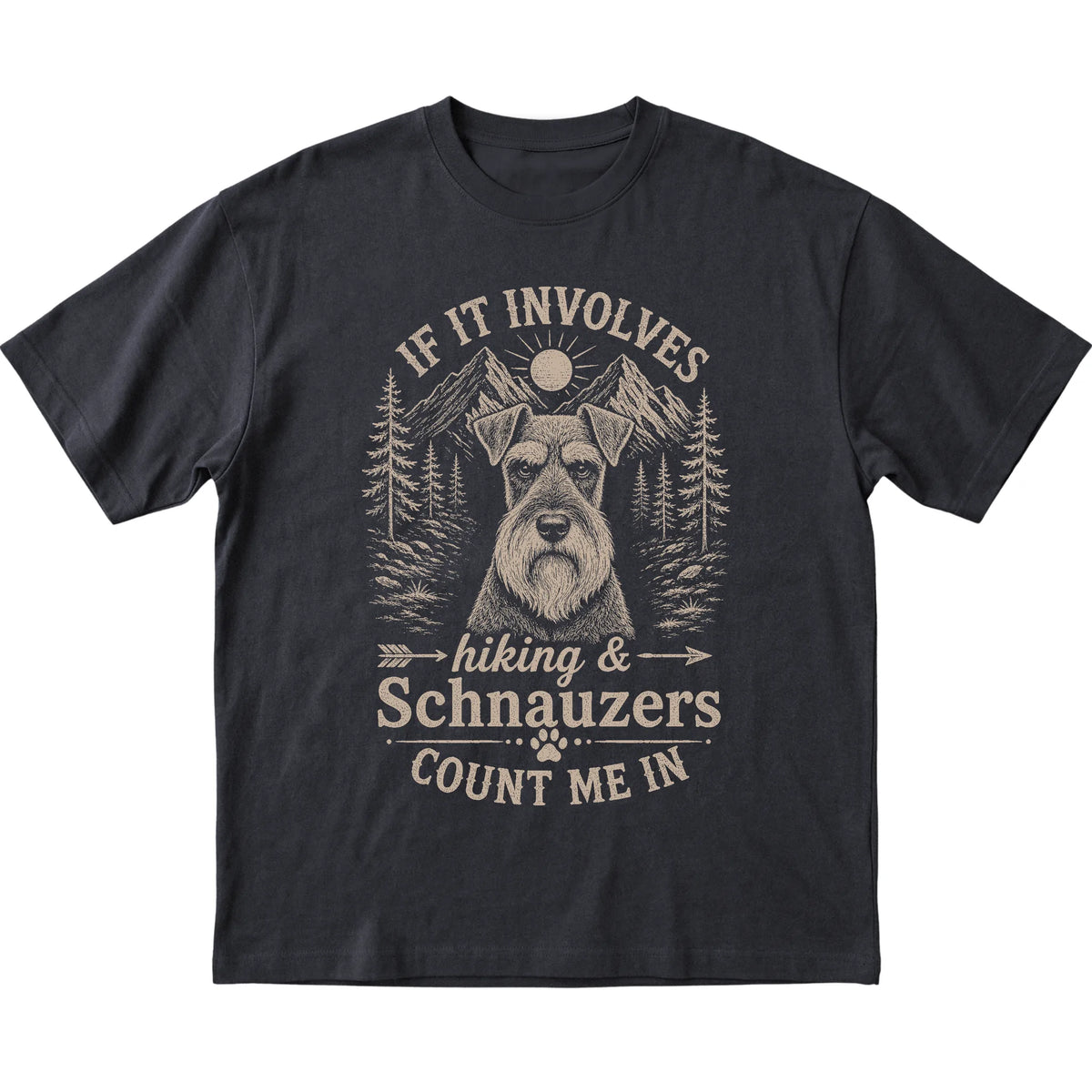 Black Hiking and Schnauzers T-shirt laid flat