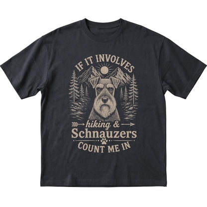 Black Hiking and Schnauzers T-shirt laid flat