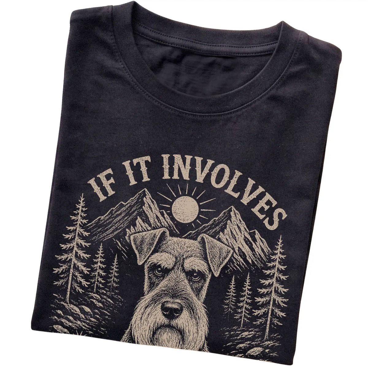 Black Hiking and Schnauzers T-shirt folded to show the printed design