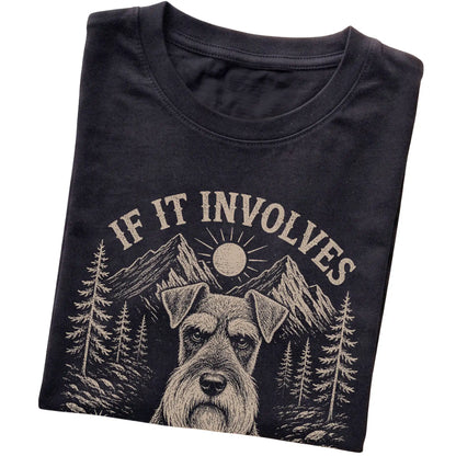 Black Hiking and Schnauzers T-shirt folded to show the printed design
