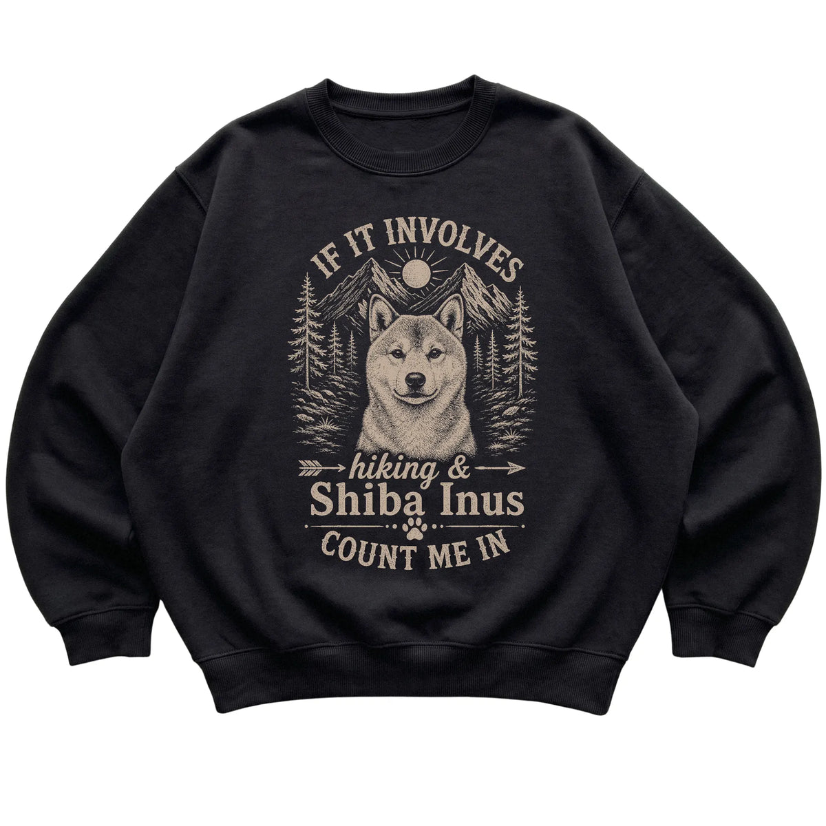 Black Hiking and Shiba Inus sweatshirt laid flat