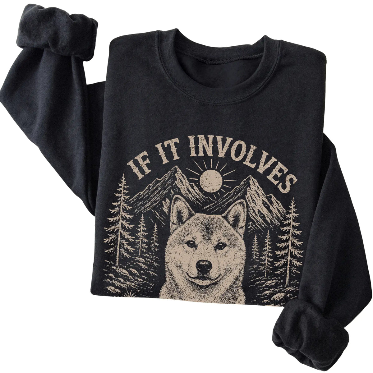 Black Hiking and Shiba Inus sweatshirt folded to show the printed design