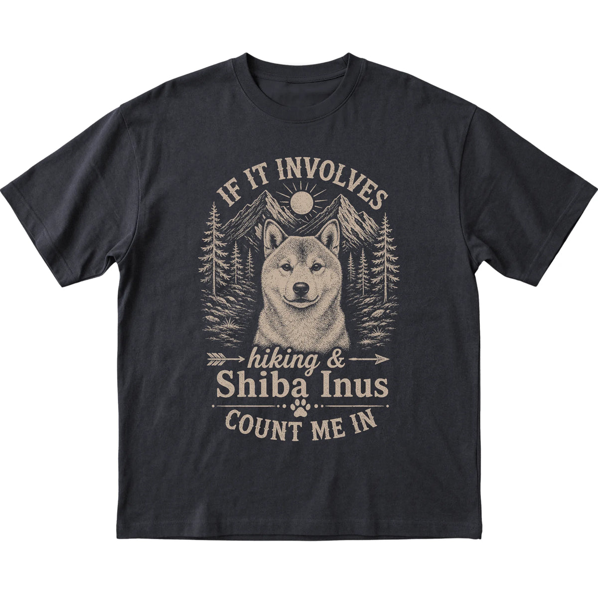 Black Hiking and Shiba Inus T-shirt laid flat