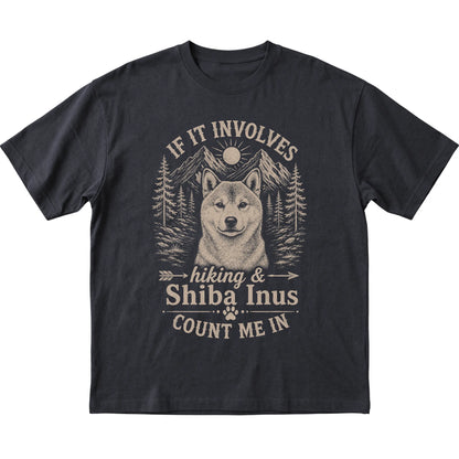 Black Hiking and Shiba Inus T-shirt laid flat
