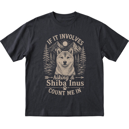 Black Hiking and Shiba Inus T-shirt laid flat
