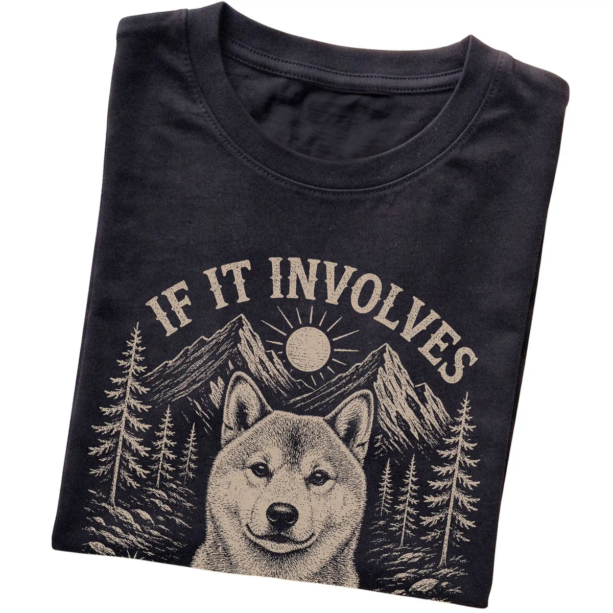 Black Hiking and Shiba Inus T-shirt folded to show the printed design