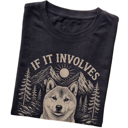 Black Hiking and Shiba Inus T-shirt folded to show the printed design