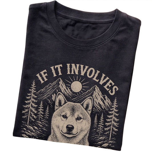 Black Hiking and Shiba Inus T-shirt folded to show the printed design