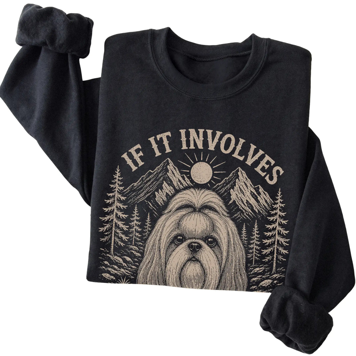 Black Hiking and Shih Tzus sweatshirt folded to show the printed design
