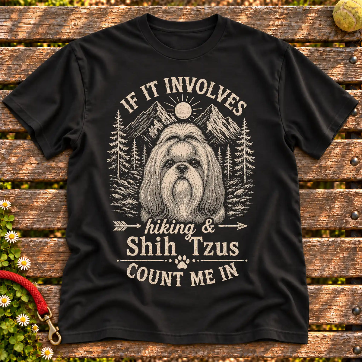 Shih Tzu Hiking and Shih Tzus on a Black T-shirt, shown flat