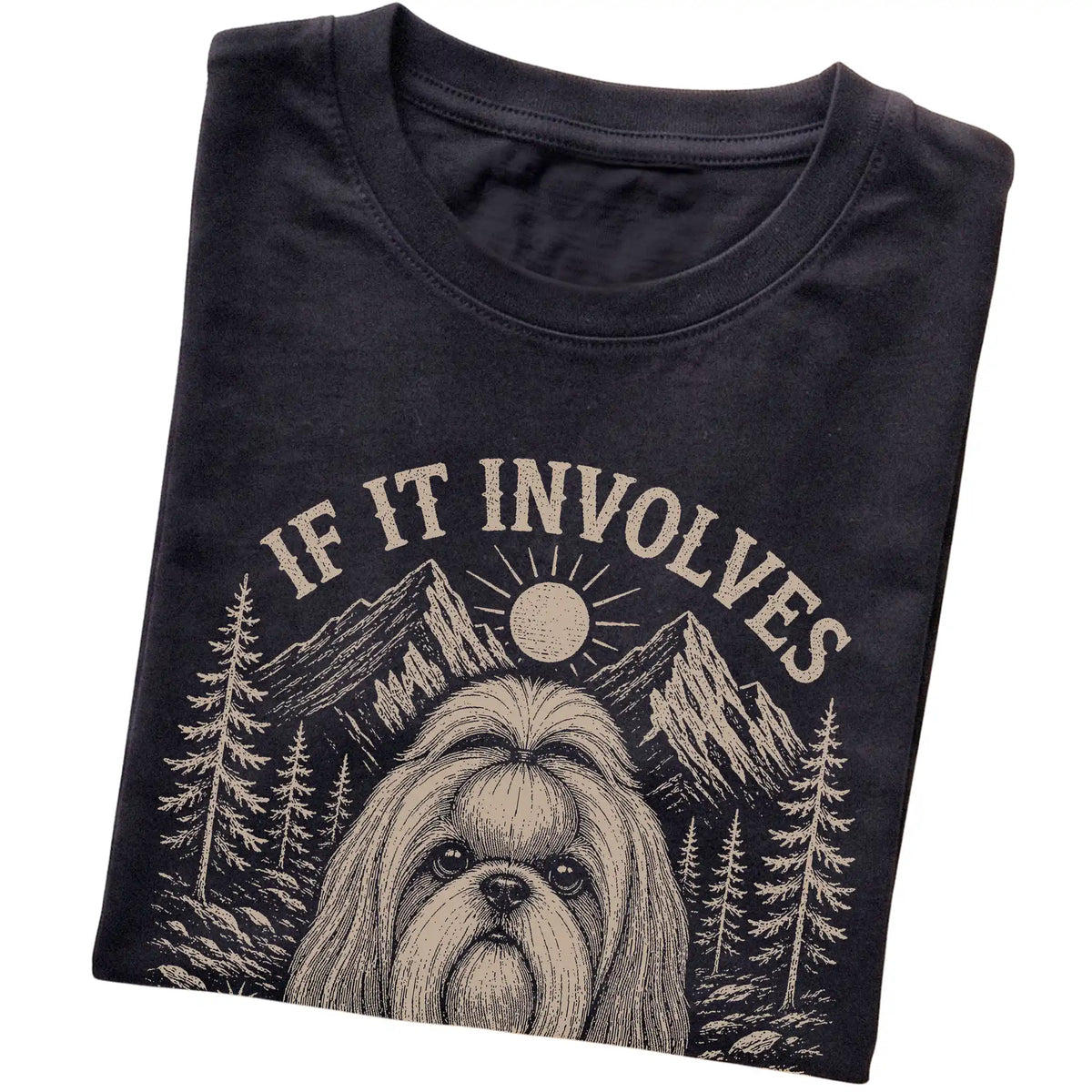 Black Hiking and Shih Tzus T-shirt folded to show the printed design