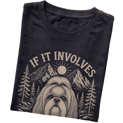 Black Hiking and Shih Tzus T-shirt folded to show the printed design