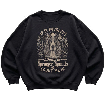 Black Hiking and Springer Spaniels sweatshirt laid flat