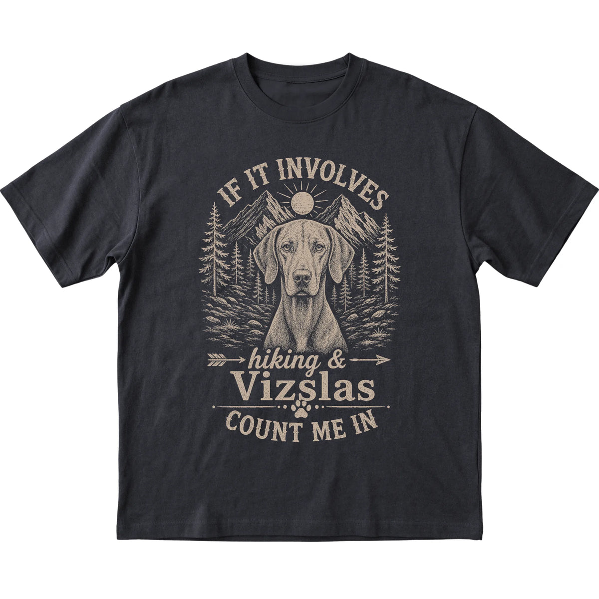 Black Hiking and Vizslas T-shirt laid flat