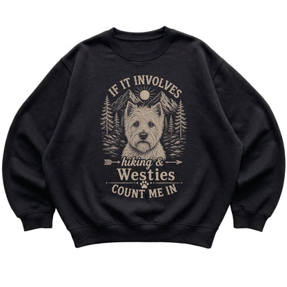 Black Hiking and Westies sweatshirt laid flat