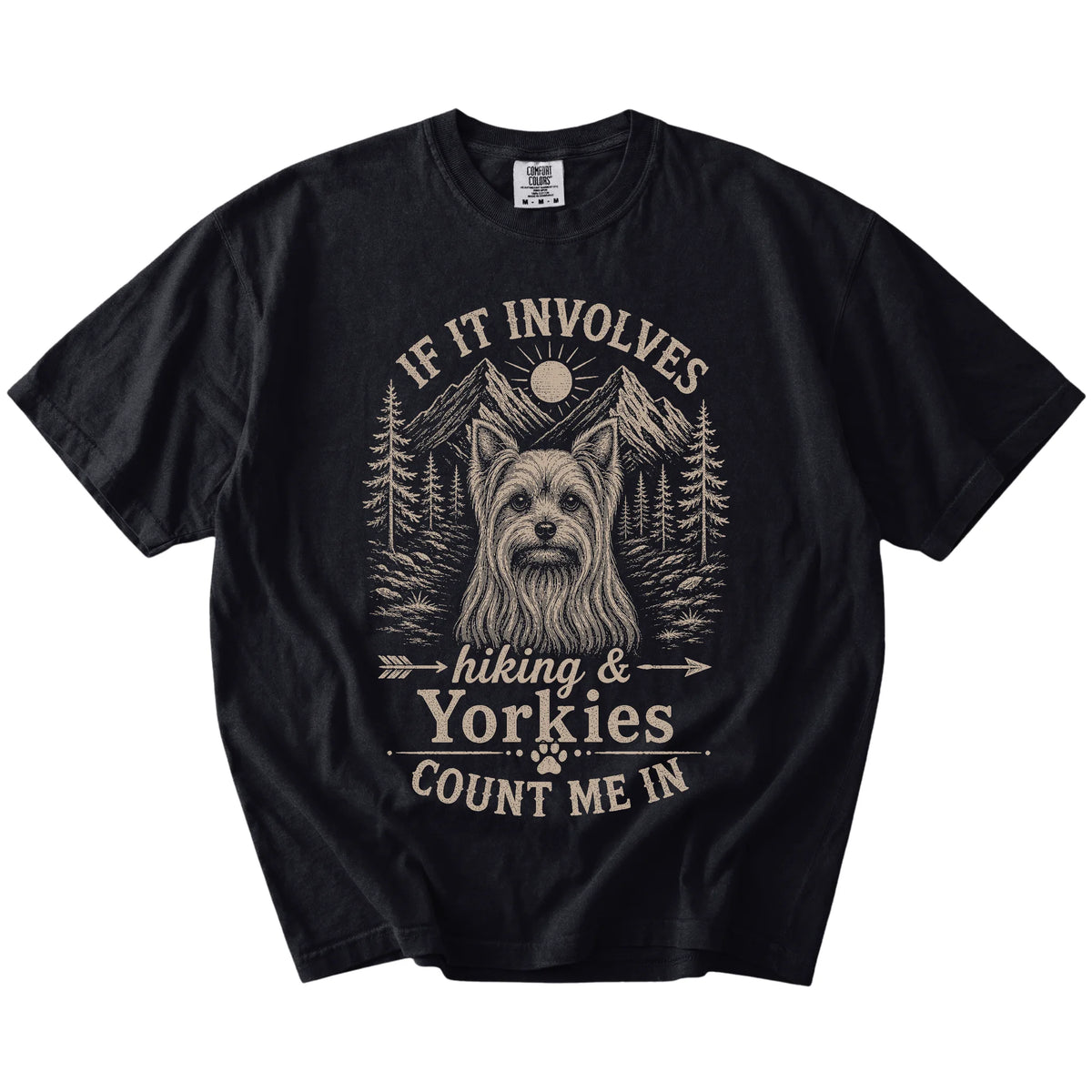 Yorkie hiking design with mountain scenery on a Black Comfort Colors® T-shirt