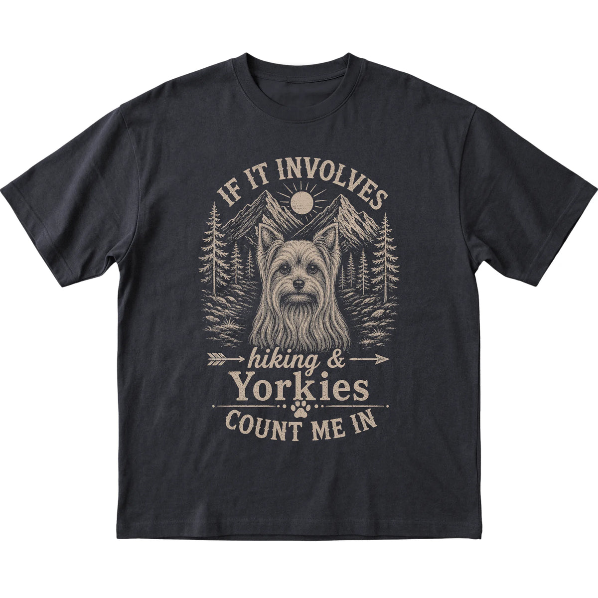 Black Hiking and Yorkies T-shirt laid flat