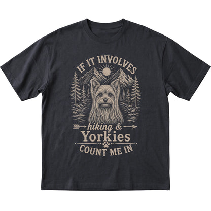 Black Hiking and Yorkies T-shirt laid flat