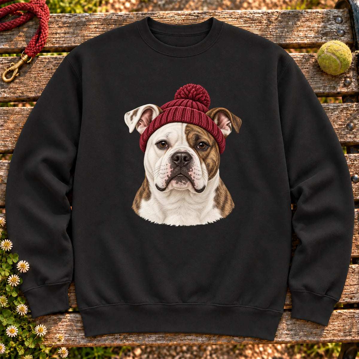 Black American Bulldog hipster sweatshirt with a dog portrait in a chunky maroon beanie