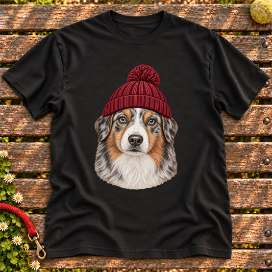 Black Australian Shepherd hipster T-shirt with a dog portrait in a chunky maroon beanie