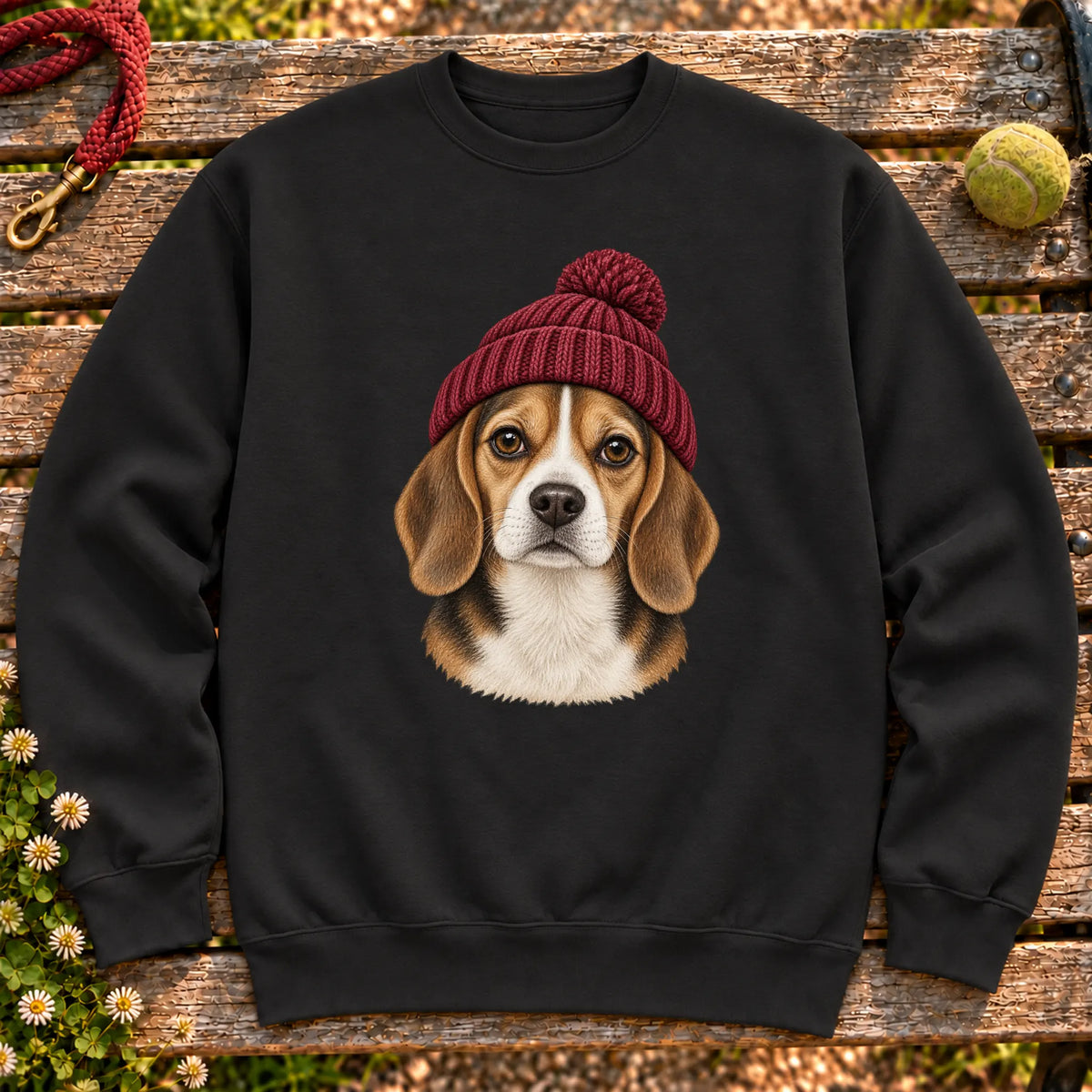 Black Beagle hipster sweatshirt with a dog portrait in a chunky maroon beanie