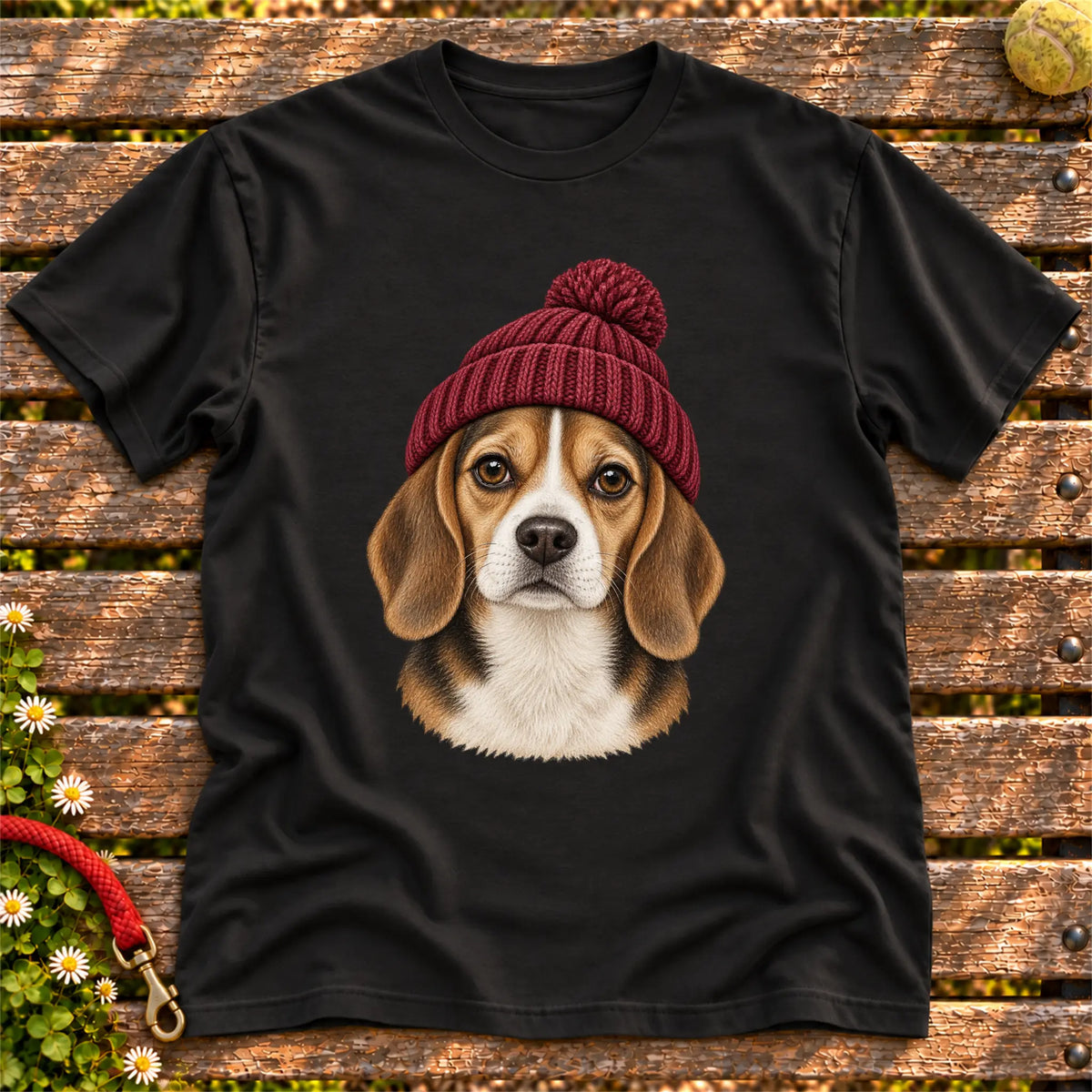 Black Beagle hipster T-shirt with a dog portrait in a chunky maroon beanie