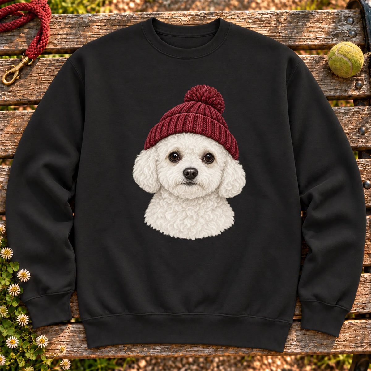 Black Bichon Frise hipster sweatshirt with a dog portrait in a chunky maroon beanie