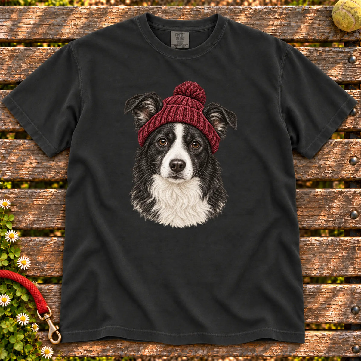 Black Border Collie hipster T-shirt with a dog portrait in a chunky maroon beanie