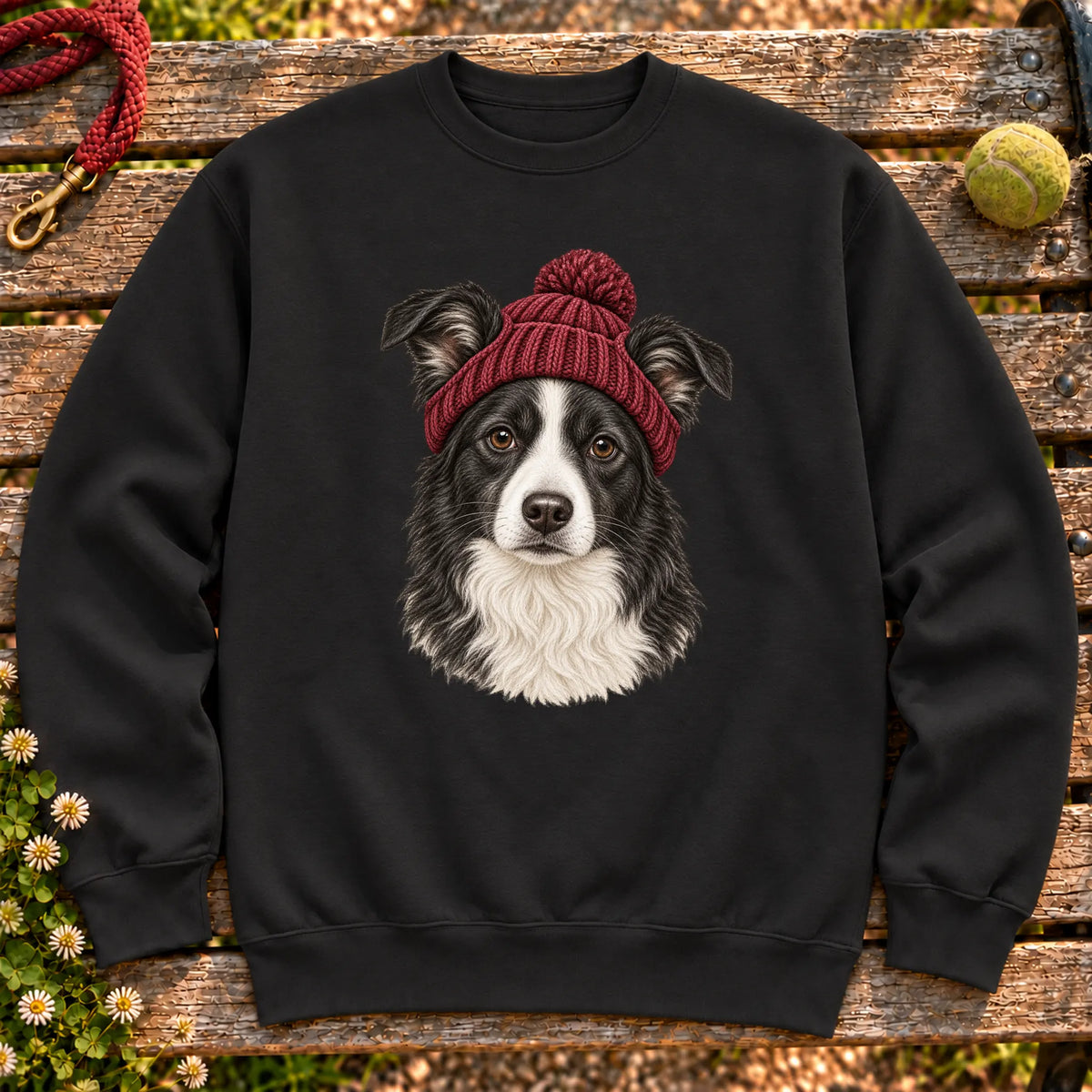 Black Border Collie hipster sweatshirt with a dog portrait in a chunky maroon beanie