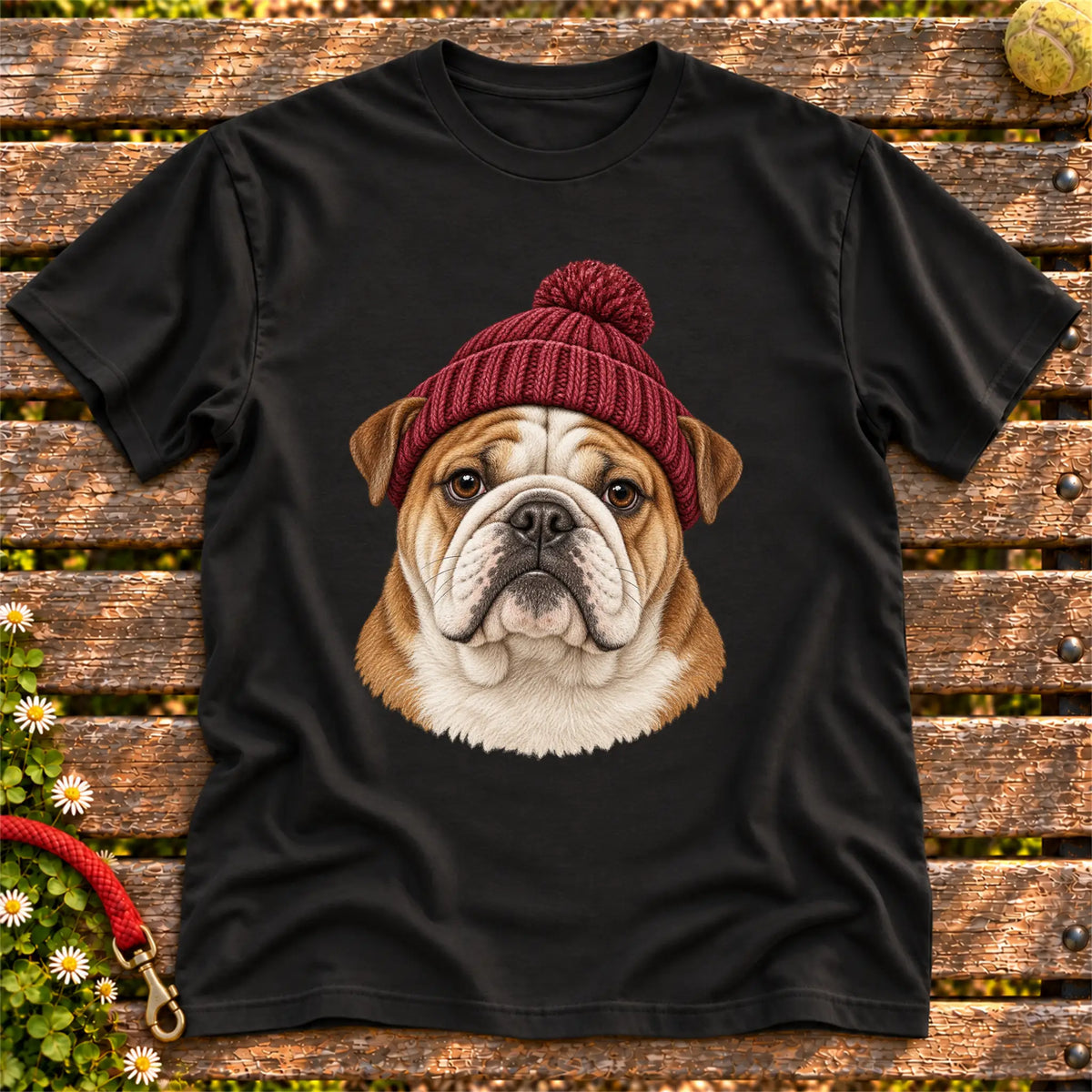 Black Bulldog hipster T-shirt with a dog portrait in a chunky maroon beanie