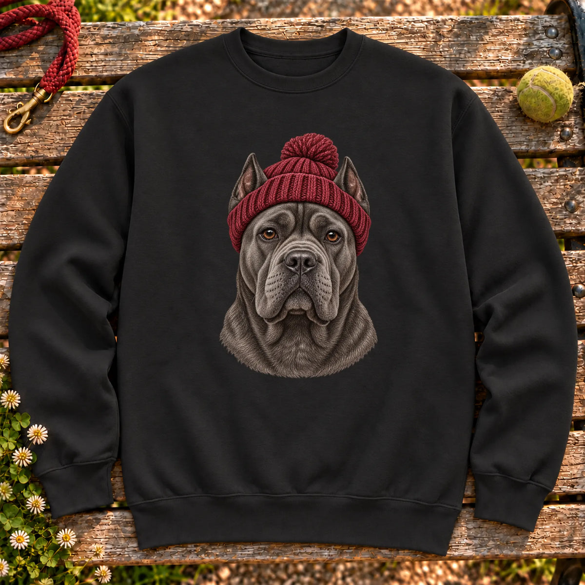 Black Cane Corso hipster sweatshirt with a dog portrait in a chunky maroon beanie