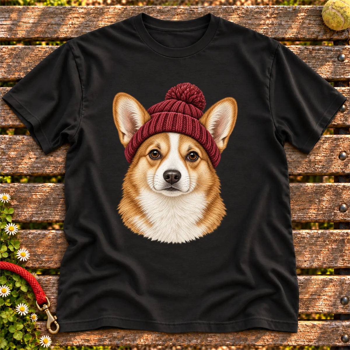 Black Corgi hipster T-shirt with a dog portrait in a chunky maroon beanie