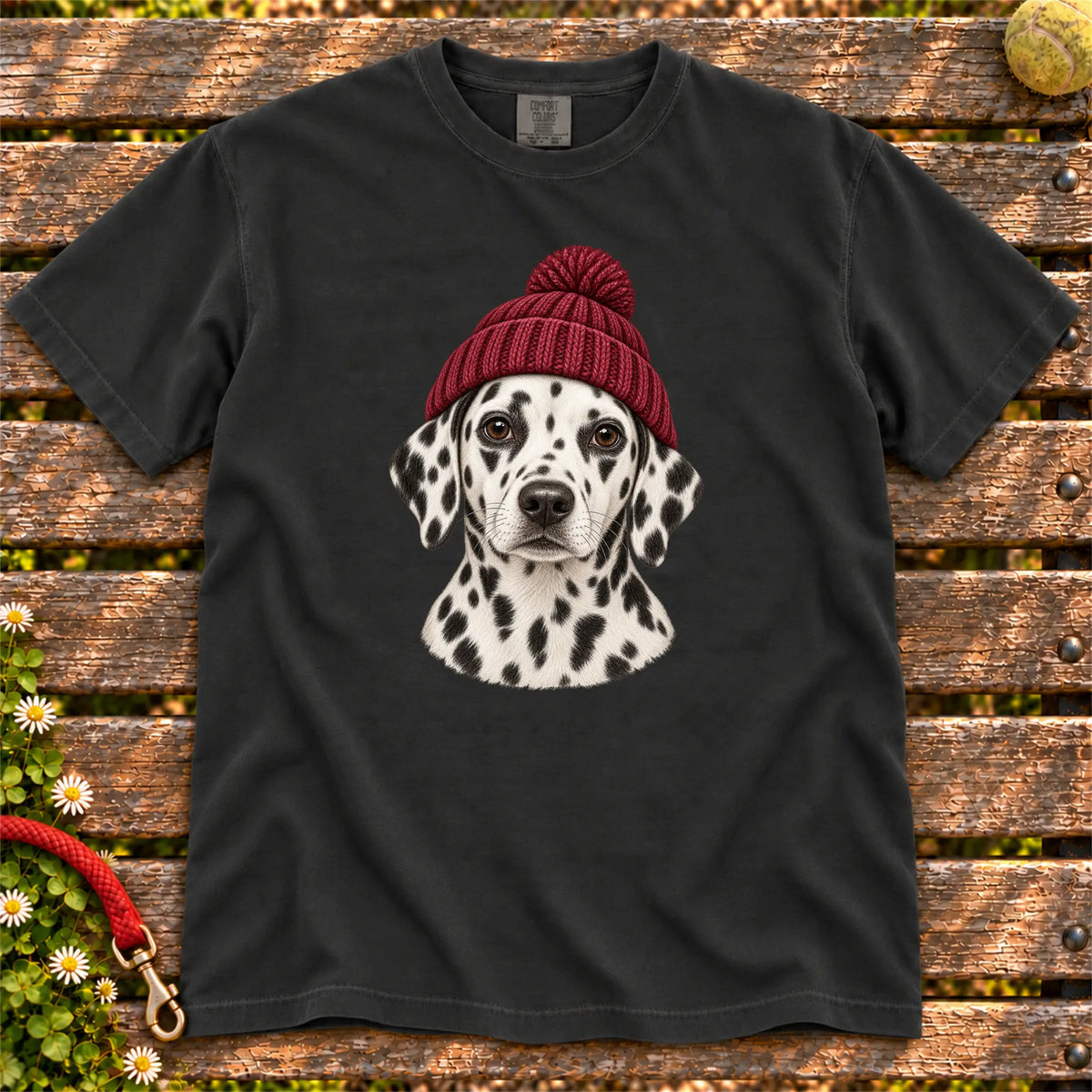 Black Dalmatian hipster T-shirt with a dog portrait in a chunky maroon beanie