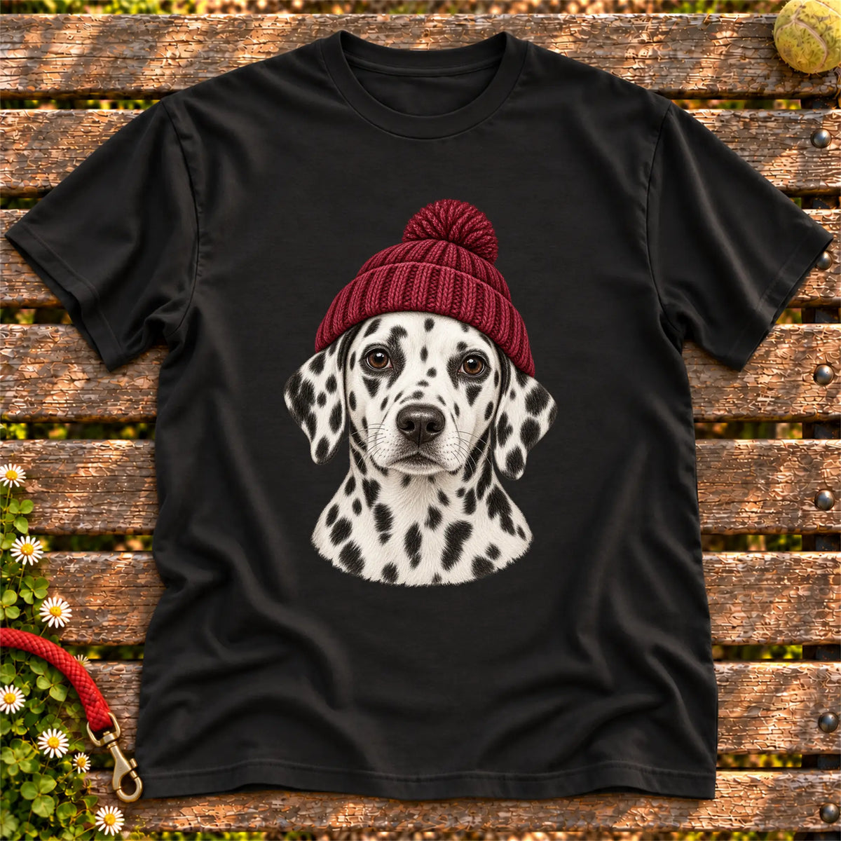 Black Dalmatian hipster T-shirt with a dog portrait in a chunky maroon beanie
