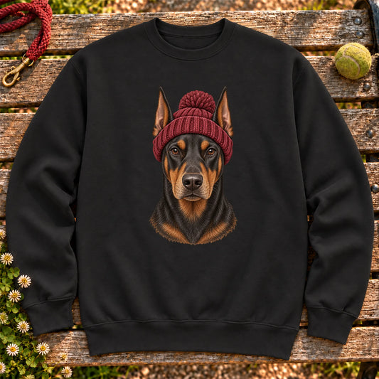 Black Doberman hipster sweatshirt with a dog portrait in a chunky maroon beanie