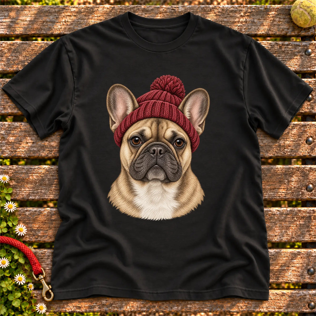Black French Bulldog hipster T-shirt with a dog portrait in a chunky maroon beanie